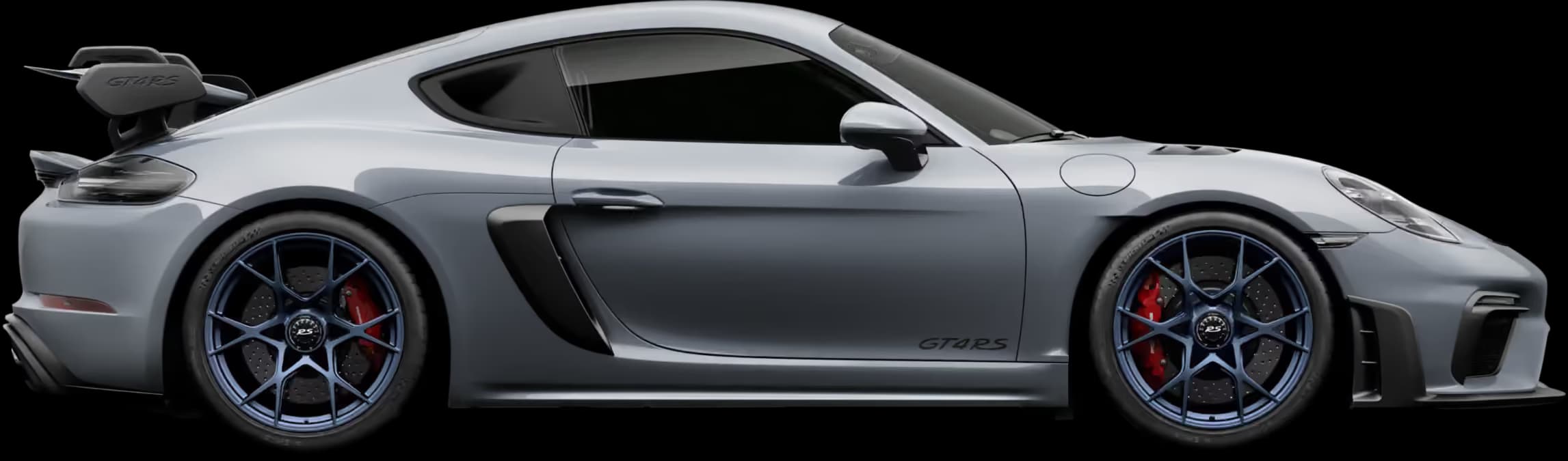 Porsche 718 Cayman GT4 RS in Arctic Grey in side view/in profile.