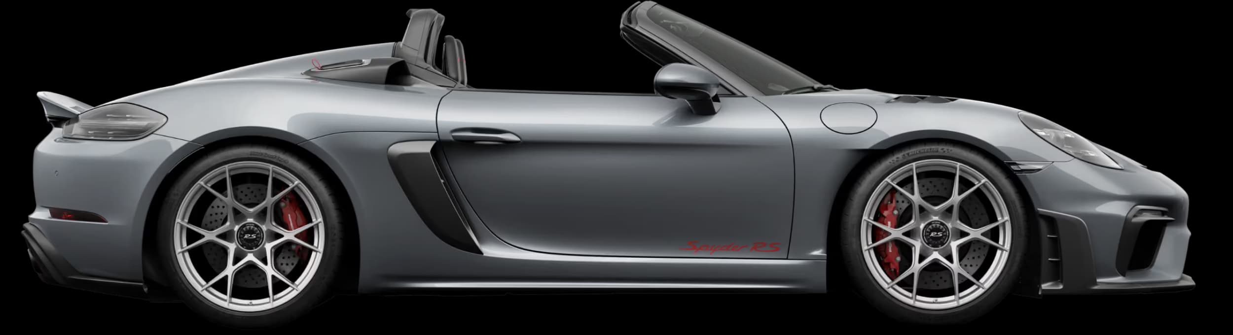 Side view / profile view of the Porsche 718 Spyder RS in Vanadium Grey Metallic paint finish.
