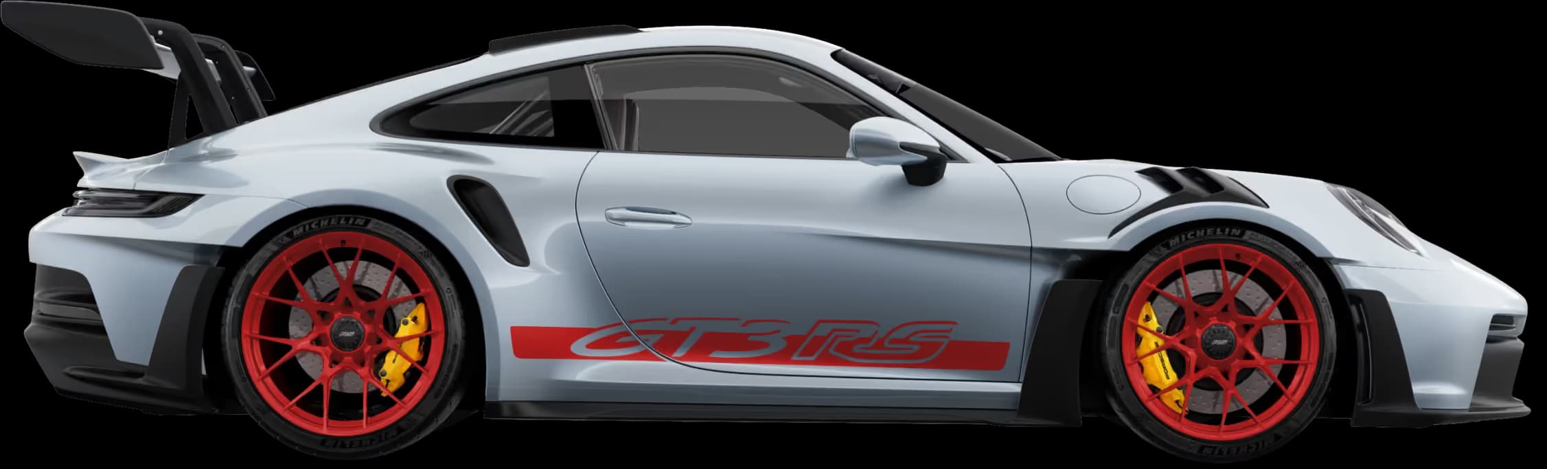 Side view/profile of the Porsche 911 GT3 RS in Ice Grey Metallic.