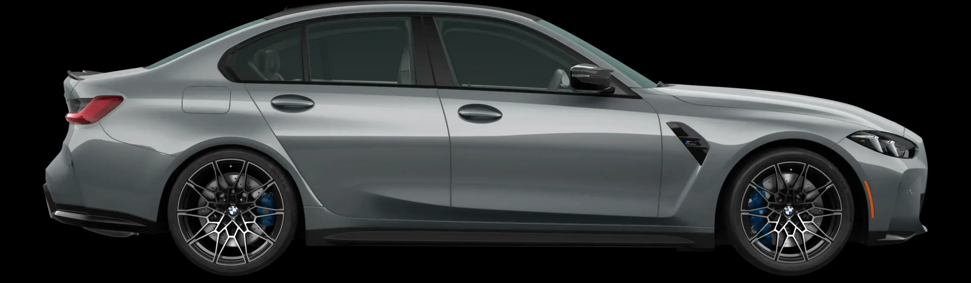 Profile or side view of the M3 Competition xDrive in Skyscraper Grey Metallic.