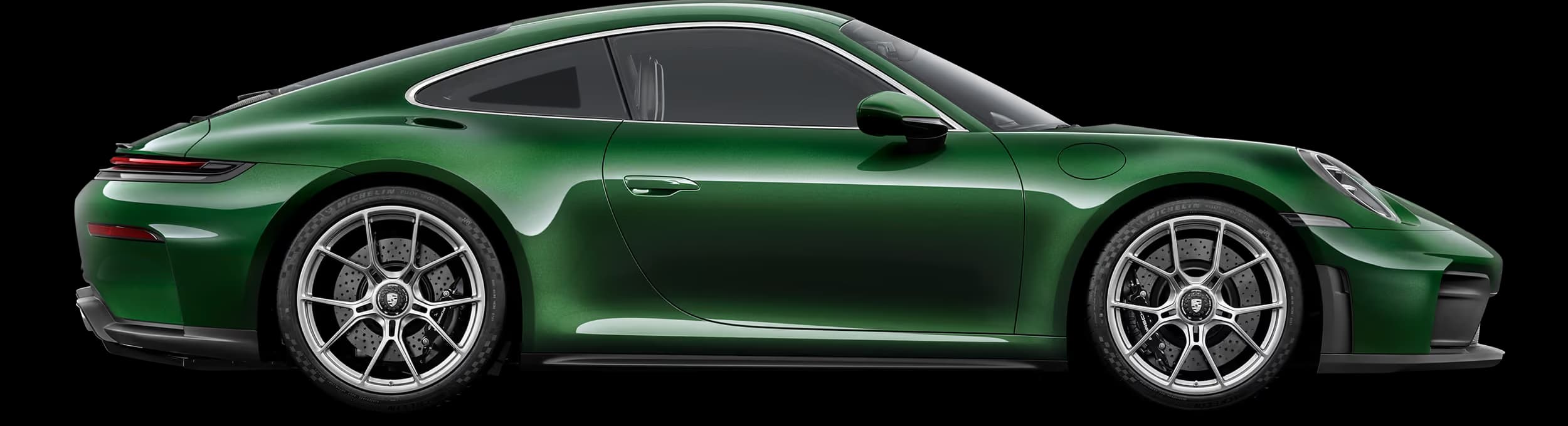 Profile/side view of the Porsche 911 GT3 with Touring package in Oak Green Metallic Neo.