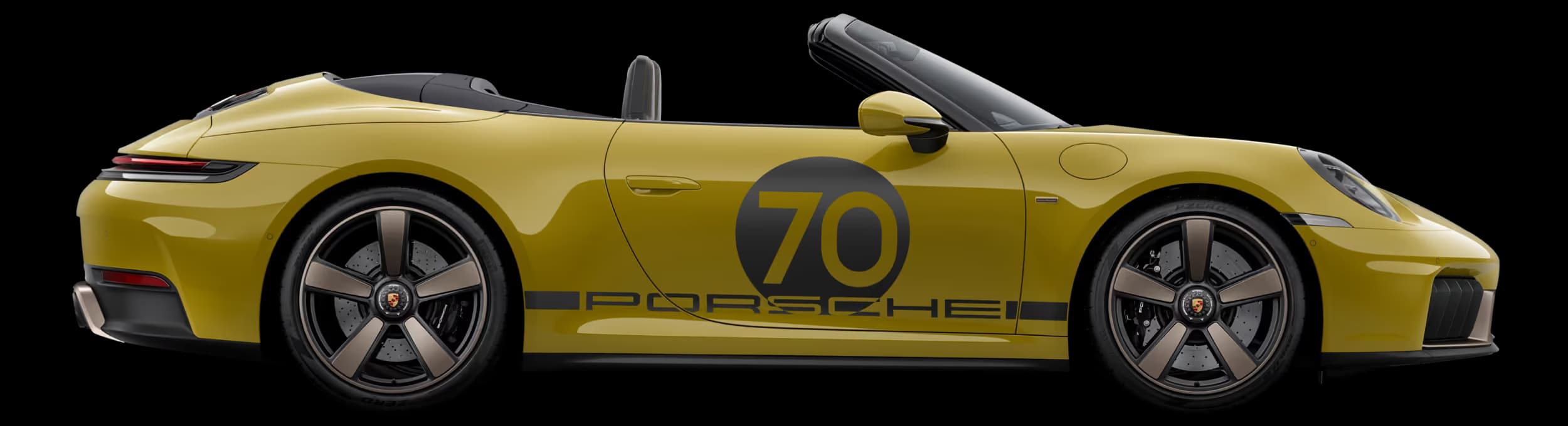 Side view/profile of the Porsche 911 Spirit 70 in an Olive Neo paint finish.