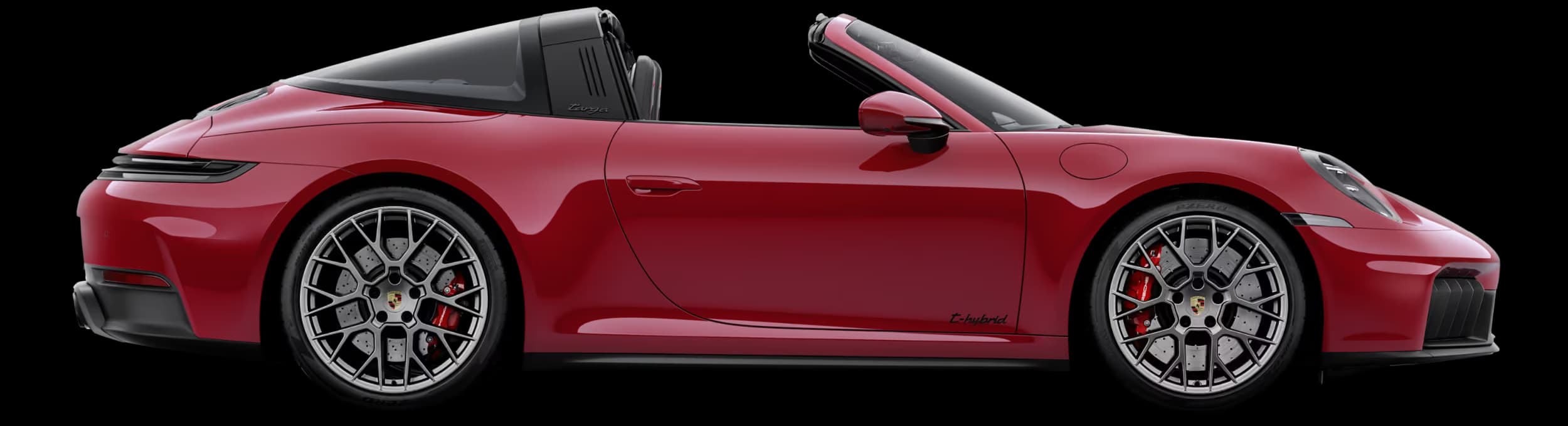 Porsche 911 Targa 4 GTS in Carmine Red with roof in Black in profile/side view.