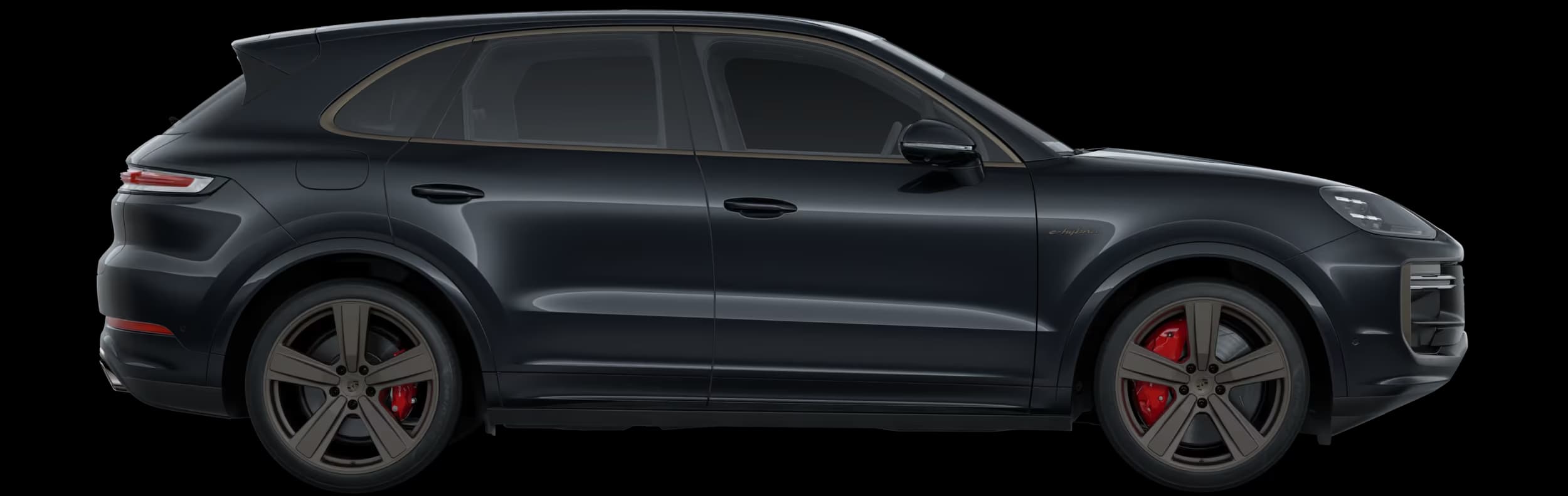 Side view/profile view of the Porsche Cayenne Turbo E-Hybrid in Chromite Black Metallic.