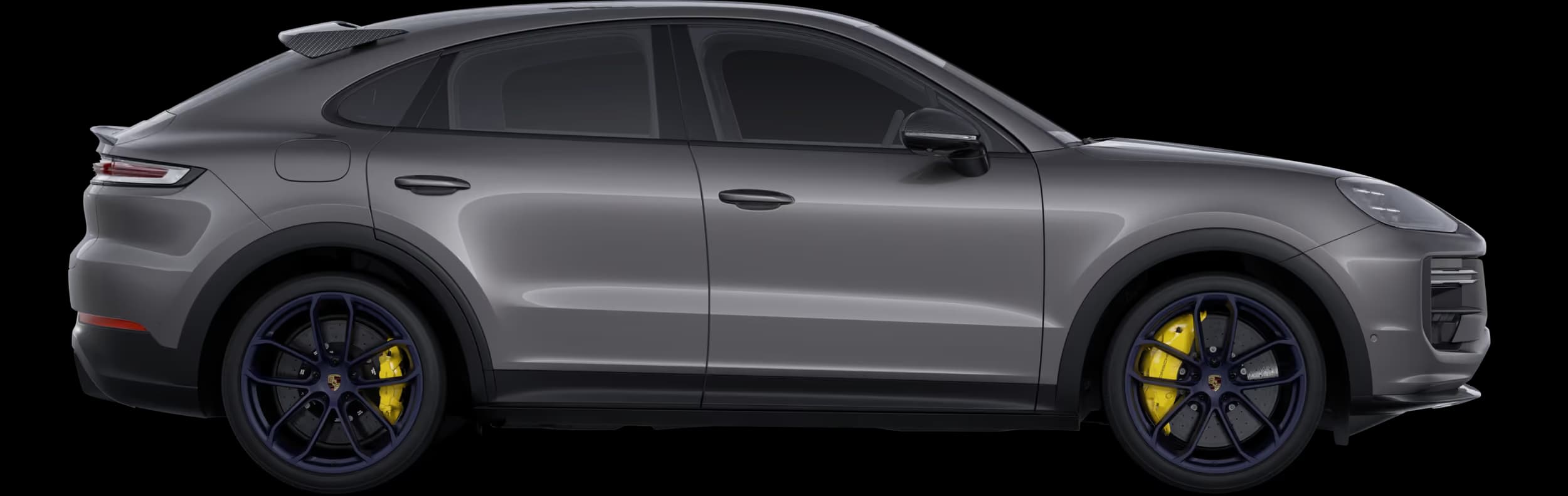 Side view / profile of a Porsche Cayenne Turbo GT in Quarzite Gray Metallic.