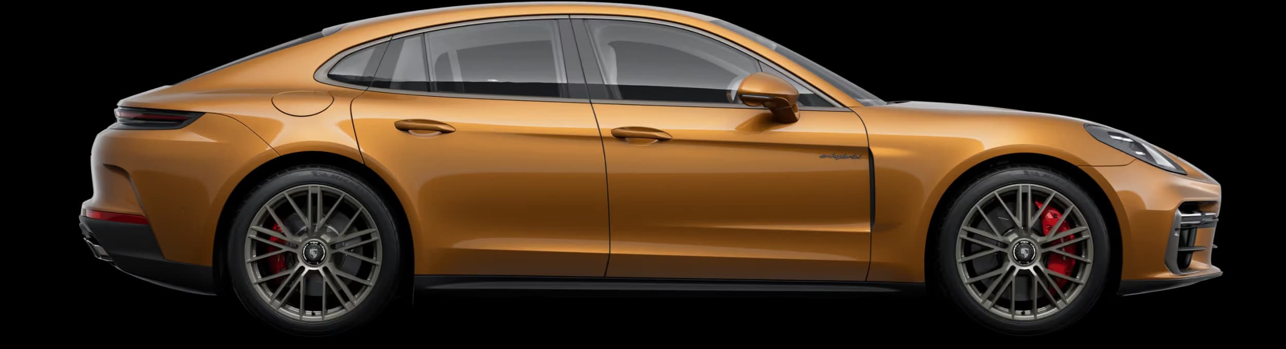 Porsche Panamera Turbo E-Hybrid in Madeira Gold Metallic in side view/profile.