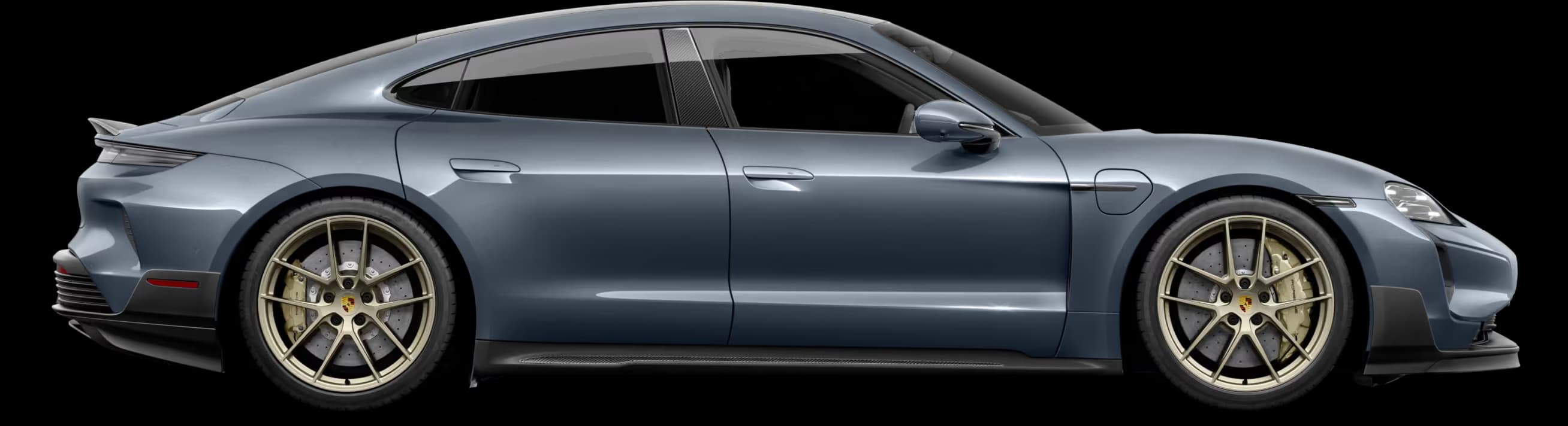 Porsche Taycan Turbo GT in Pale Blue Metallic in profile / side view.