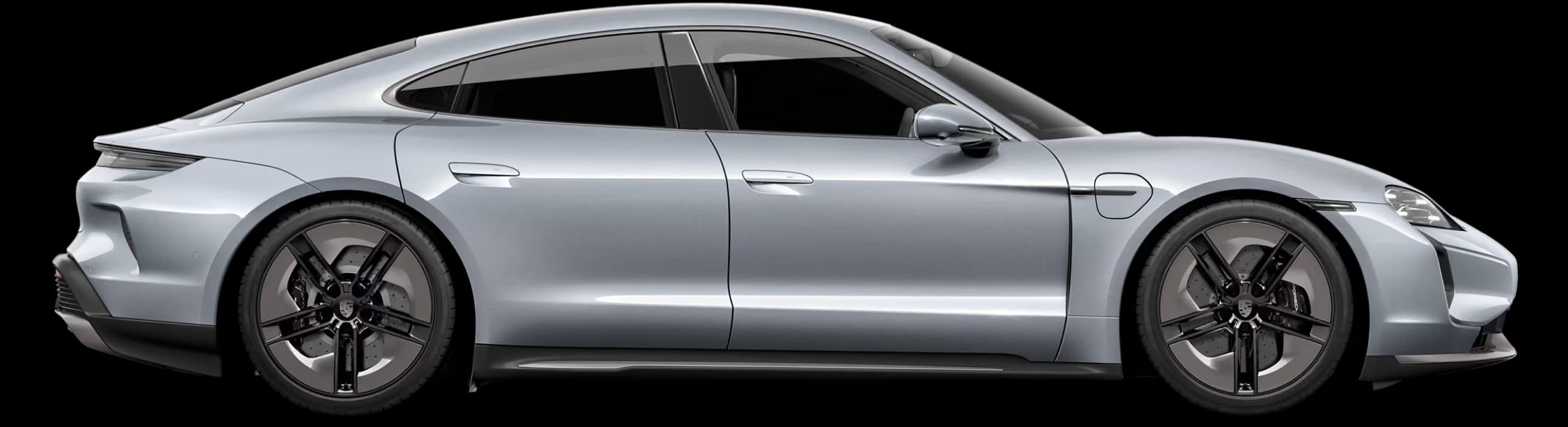 Porsche Taycan Turbo S in Ice Grey Metallic in profile / side view.